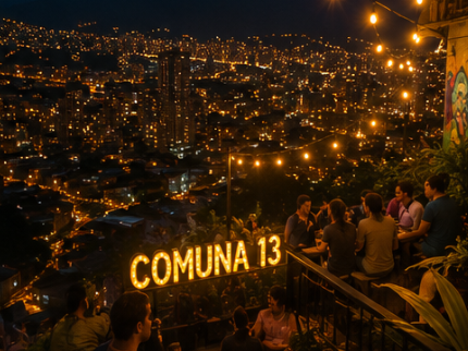 Guests gathering on the colorful hillside stairs of Comuna 13 during golden hour